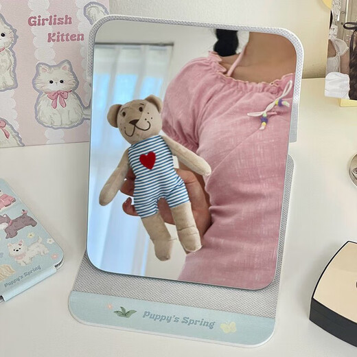 Mirror makeup mirror foldable desktop makeup mirror portable large student dormitory gift female beauty mirror makeup mirror cute blue puppy makeup mirror large size
