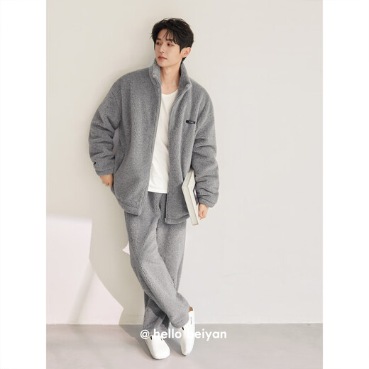 Beiyan lamb velvet couple pajamas for men and women in autumn and winter thickened warm coral velvet home clothes high collar zipper cardigan set F60548 women's L