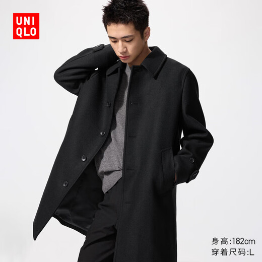 优衣库男装/男女同款羊毛混纺大衣/复古毛呢外套478284 09 黑色 S /165/84A