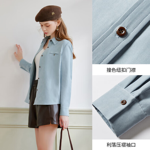 Xiangying blue lapel shirt for women 2025 winter new style velvet right shoulder light workplace commuting loose long-sleeved shirt Route Blue L 165/88A/110-125Jin Jin is equal to 0.5 kg