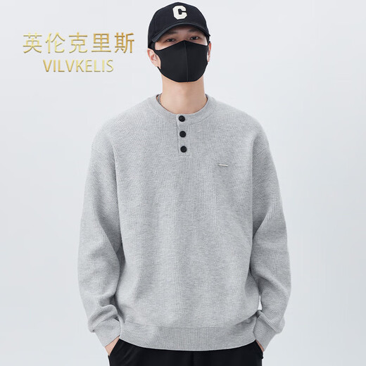 VILVKELIS British Chris sweater men's autumn and winter new loose casual versatile color Henry collar bottoming sweater boys trend gray M _-125Jin Jin equals 0.5 kg
