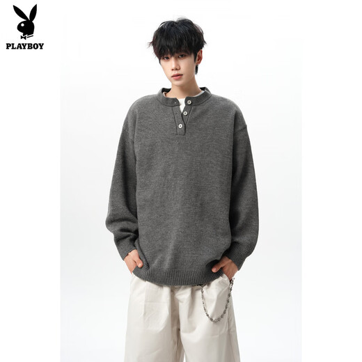 Playboy American Solid Color Henley Collar Sweater Men's Autumn and Winter New Trendy Brand High-Quality Knitwear Casual Warm Couple Jacket Light Gray XL