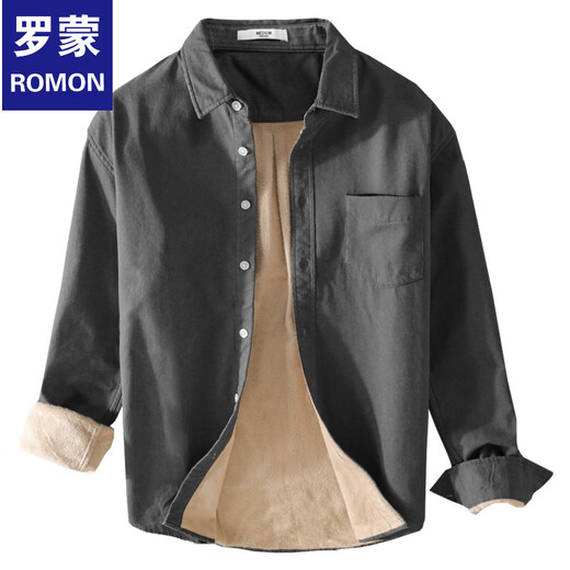 ROMON new winter thickened velvet men's shirt casual, simple and versatile pure cotton warm and cold youth shirt khaki L