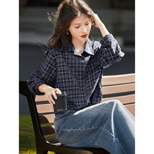 Awakening Paradise autumn retro temperament versatile layering soft plaid long-sleeved shirt navy plaid M