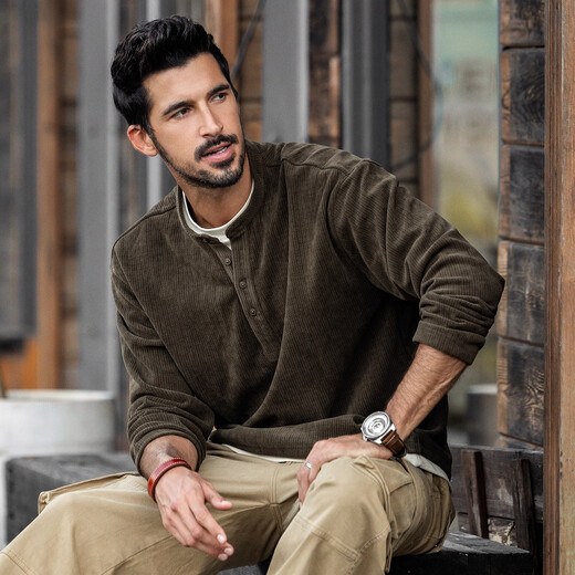 Jay Leno American retro heavyweight sweatshirt men's autumn and winter thickened fake two-piece European velvet men's t-shirt loose henley shirt men's khaki green 400g heavy M suitable for 100-120Jin Jin equals 0.5 kg