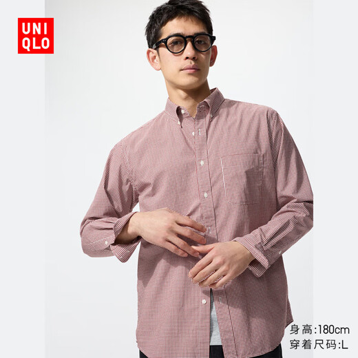 优衣库男装女装优质长绒棉格子衬衫长袖衬衣480648 18 暗红色 XL