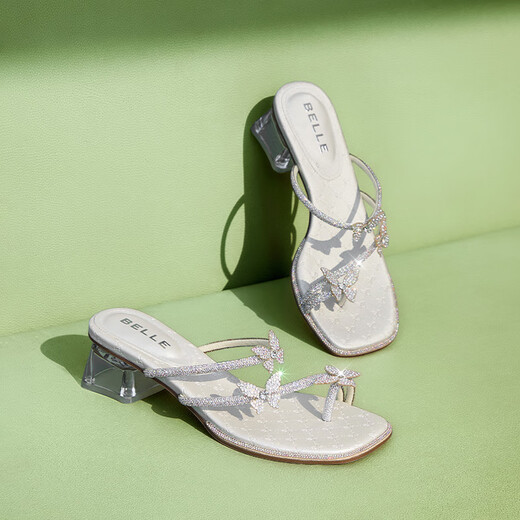 Belle rhinestone flip-flops for women 25 Xia Xin shopping mall same style increasing slippers D6E1DBT5 silver (thick heel) 37