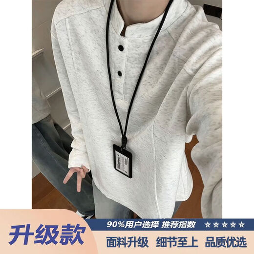 Jingyan selects white and gray henley collar long-sleeved polo shirt for men in autumn and winter, right shoulder sweatshirt, American style inner layer, white and gray upgraded model 95 users choose M M