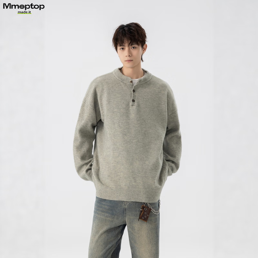 MMOPTOP Retro Henry Collar Sweater Men's Autumn and Winter Warm Loose Casual All-match Knitted Sweater MY109 Light Gray XL