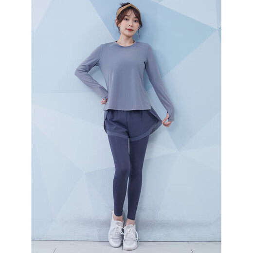 Vansydical's New Herbst- und Winter-Fitnesskleidung für Frauen im Internet Promi Lose Sportswear Langarmed Training Running Yoga Set Gray-Blue + Dark Gray-Blue Drei-teilige TC15908 S