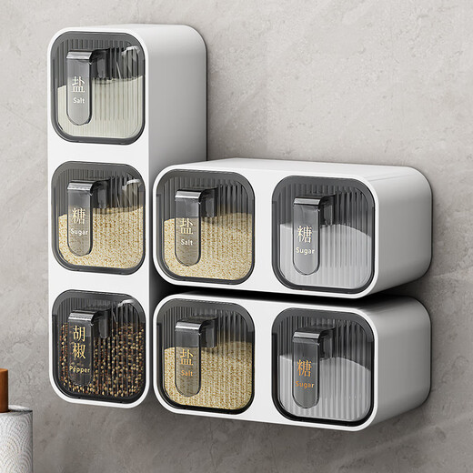 Chuangjingxin selects German quality seasoning box multi-compartment seasoning box kitchen home wall-mounted drawer-type seasoning jar seasoning bottle storage gray seamless wall-mounted six-can package with label + spoon