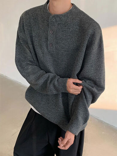 Xiaohongshu’s popular American vintage Henry collar sweater men’s winter lazy style buttoned sweater cleanf inner dark gray upgraded version 90 options M M
