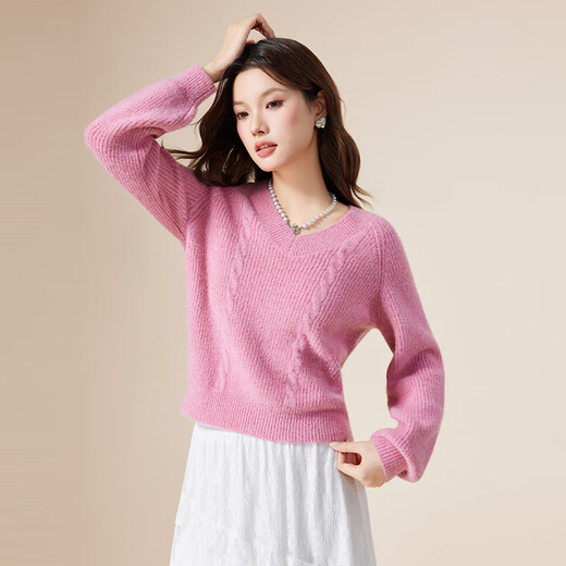 IEF/Aiyifu 2025 new autumn and winter loose sweater women's fashionable V-neck slim wool sweater top rose pink one size