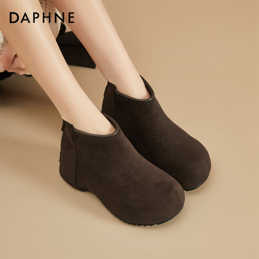 Daphne short boots for women thick-soled low-heeled inner heightening solid color plus velvet comfortable round toe back zipper ankle boots for women brown 37