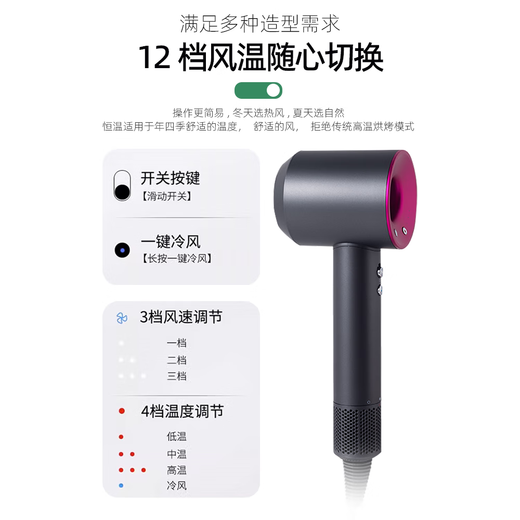 Leifen upgraded version National 3C certification丨5 billion negative ion hair care official flagship high-speed hair care negative ion hair dryer for home use 2025 Leifen leafless hair dryer high-grade gray-single nozzle 1.8 meters + hanger