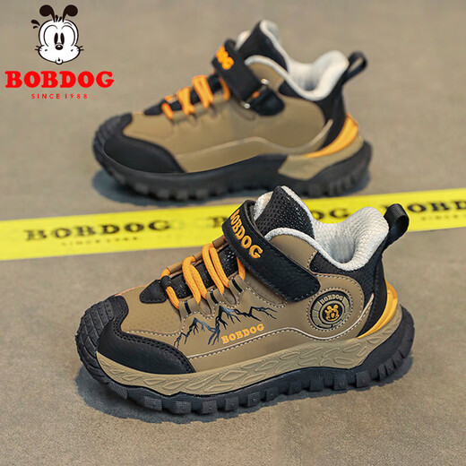 Babu Dou children's cotton shoes winter velvet warm boys' sports shoes leather waterproof primary school students outdoor hiking shoes black brown single shoes 36 (inner length 23.0cm)