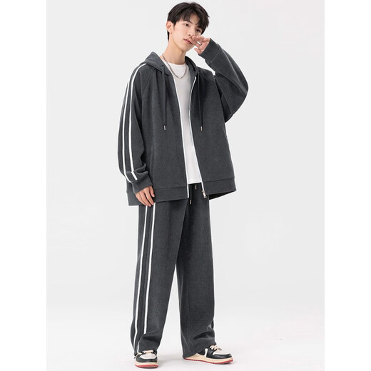 Kaduton Men's Spring and Autumn Large Size Hooded Cardigan Casual Sports Suit Plus Fat Oversized Long Sleeve Jacket and Pants Two-piece Set Men Black XL