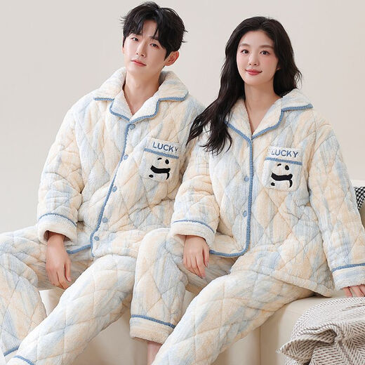 Victoria's style quilted couple's pajamas winter three-layer thickened warm coral velvet cotton home clothes for men and cute cotton jackets for women 7893 M Women