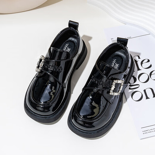 YEEHOO girls student shoes autumn campus performance vintage Velcro button British style fashion versatile small leather shoes black 32 inner length 20.5cm suitable for feet 19.5-20.0cm