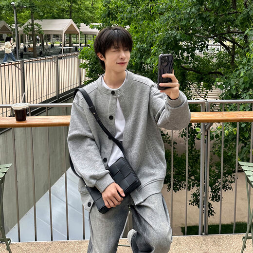 Hong Kong literary men's 340g heavy cardigan thick cotton T men's autumn cleanfit solid color Henry collar button coat floral gray M M