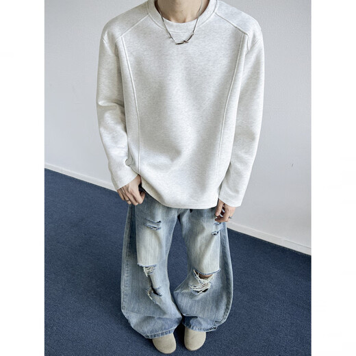 NYING American heavyweight right shoulder long-sleeved T-shirt for men in autumn and winter new trendy brand deconstructed sweatshirt large size loose inner base white gray XL (130-150Jin Jin equals 0.5 kg)