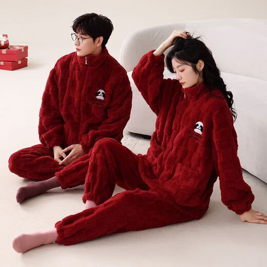 Victoria's style couple's coral velvet pajamas autumn and winter thickened animal year wedding suit for women and men winter bright red female 7149-male 7150 thickened M female + male L (two sets of prices)