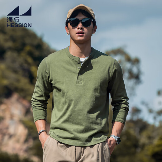 Haixing outdoor breathable cotton t-shirt men's henley shirt men's casual polo shirt long-sleeved top with base layer military green M (reference 125-140Jin Jin is equal to 0.5 kg)