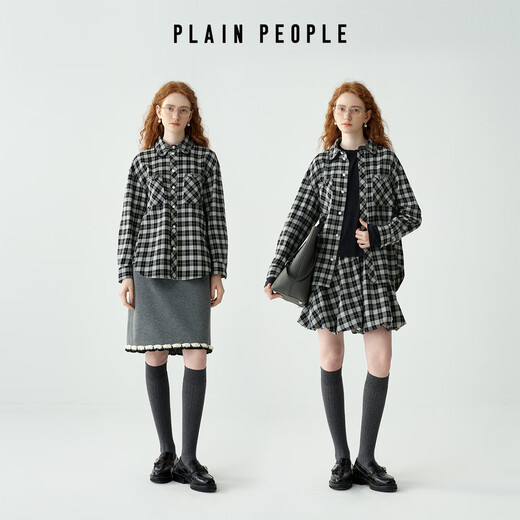 PLAIN PEOPLE Barn style retro college plaid long-sleeved shirt top for women coffee color 2025 winter new style coffee color S