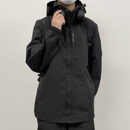 NASA GISS Official Fashion Brand Autumn and Winter Jacket Men's Three-Proof Mountaineering Outdoor Fishing Jacket Hooded Jacket Men Black XL