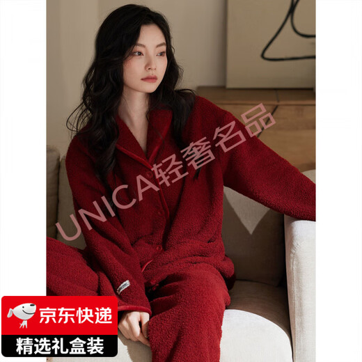 Six rabbitt light luxury brand couple pajamas for women winter coral velvet thickened plus velvet red newlywed zodiac year men's flannel 57033 maroon-women's XL warm fabric