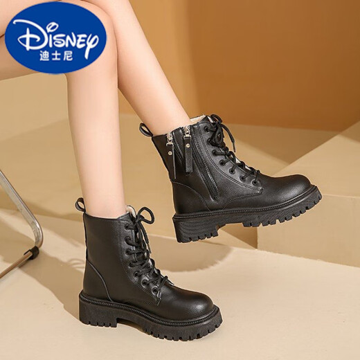 Disney (DISNEY) Velvet Martin Boots Women's Short Boots 2025 Autumn and Winter New British Style Single Boots Junior High School Students, Older Children and Girls Cotton Boots Black Large Cotton 38