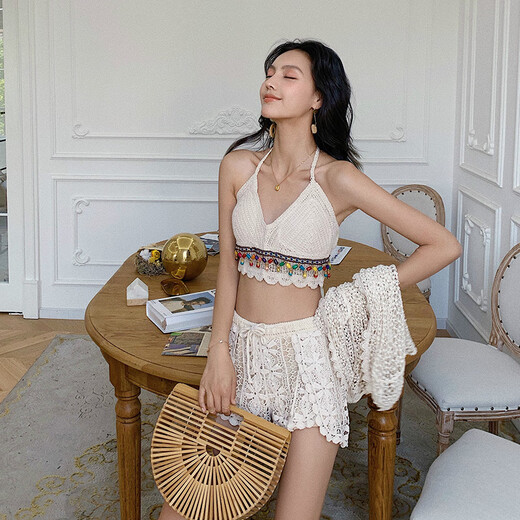 Shijanu Internet celebrity split swimsuit women's three-piece set 2024 new sexy goddess knitted tassel high-waist resort hot spring swimsuit off-white (tassel) one size fits all (85-125Jin Jin equals 0.5 kg, can be worn)