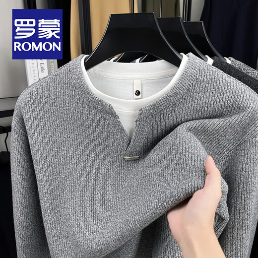 ROMON fake two-piece warm velvet thick sweatshirt men's Henry collar autumn and winter sweater casual t-shirt men's long-sleeved top dark gray XL