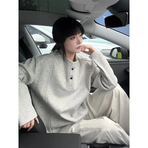 Katuchi American Henry collar long-sleeved sweatshirt for men and women in autumn and winter plus velvet thick boxy version right shoulder inner layering clothes base shirt white gray XL