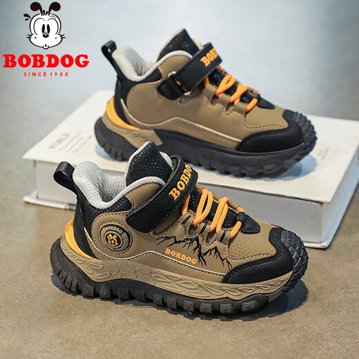 Babu Dou children's cotton shoes winter velvet warm boys' sports shoes leather waterproof primary school students outdoor hiking shoes black brown single shoes 36 (inner length 23.0cm)