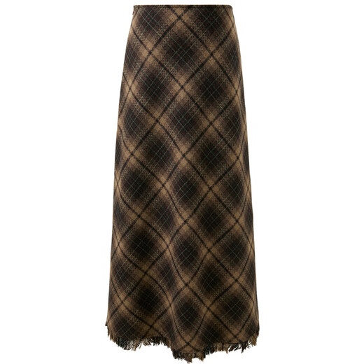 Sancai 2025 new winter plaid skirt raw edge A-line skirt woolen long skirt retro M brown plaid S 155/64A