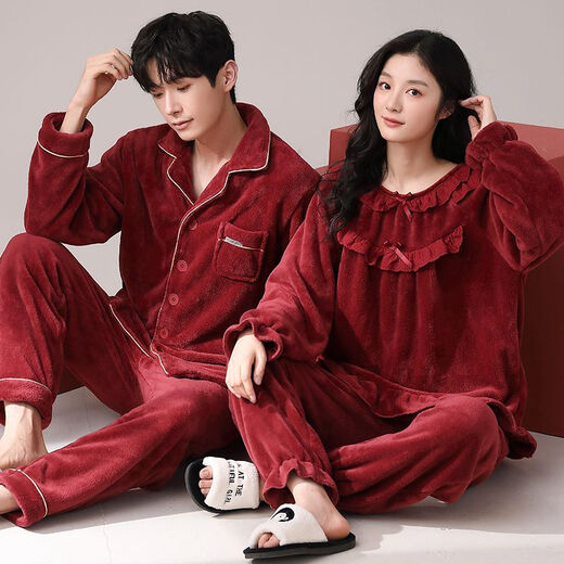 Victoria style wedding couple pajamas winter coral velvet warm red zodiac year newlywed men and women home wear outer suit CY9950 M female + male L