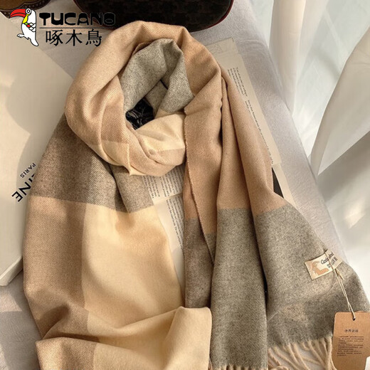 Woodpecker's new wool blended plaid scarf for women in winter Korean version versatile couple warm scarf men's gift trendy shawl gray
