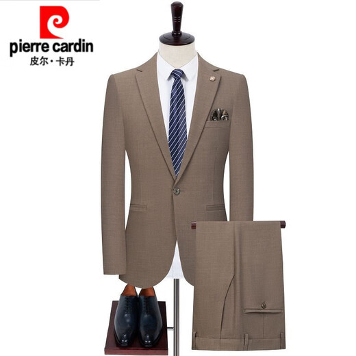 Pierre Cardin high-end pure wool suit men's autumn and winter middle-aged business formal slim fit suit dress suit khaki one button suit + trousers + vest 4XL 195 size