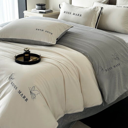 Hengyuanxiang high-end baby velvet warm four-piece set winter new thickened milk velvet sheets and quilt covers bedding category a baby velvet-white gray bed sheet 1.5m (5 feet)