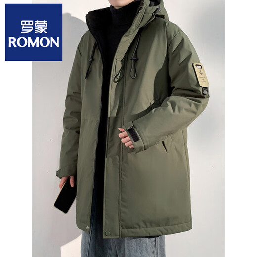 ROMON mid-length cotton-padded jacket for men in winter, hooded thickened cotton-padded jacket, warm and handsome military coat, workwear down jacket for men, military green 2375 S