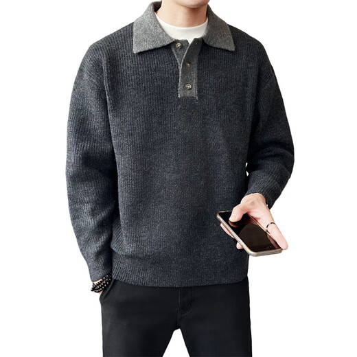 BULLDAMAN old money style sweater men's 2025 new Henry collar sweater autumn and winter trend D9018TP99 carbon gray XL
