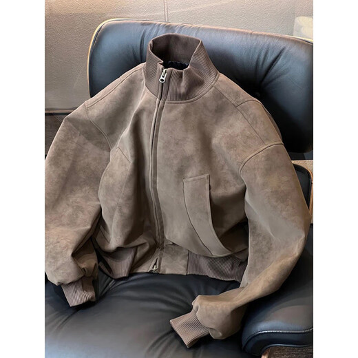 Main style (ZHUYIFAN) light gray American pu leather jacket men's short wide profile tie-dye baseball jacket ma1 pilot motorcycle jacket black