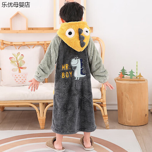 Children's pajamas autumn and winter bathrobe coral velvet lengthened to ankles thickened flannel dinosaur boys and girls home clothes small dinosaur hooded dark green thickened coral velvet 160