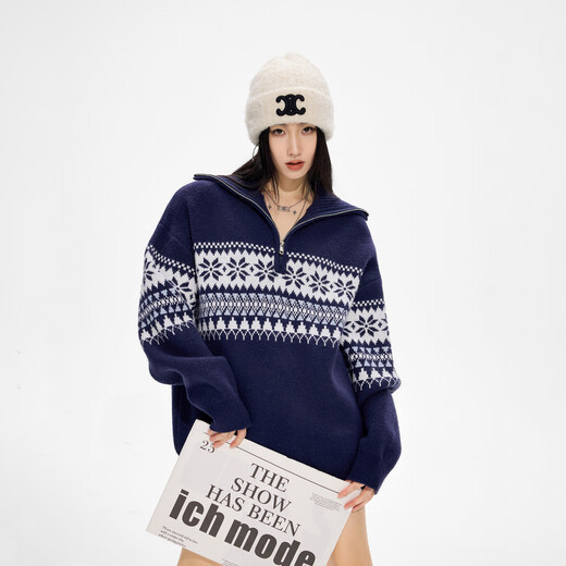 ICH MODE Fair Isle half-zip pullover red sweater women's spring new sweater jacket red M