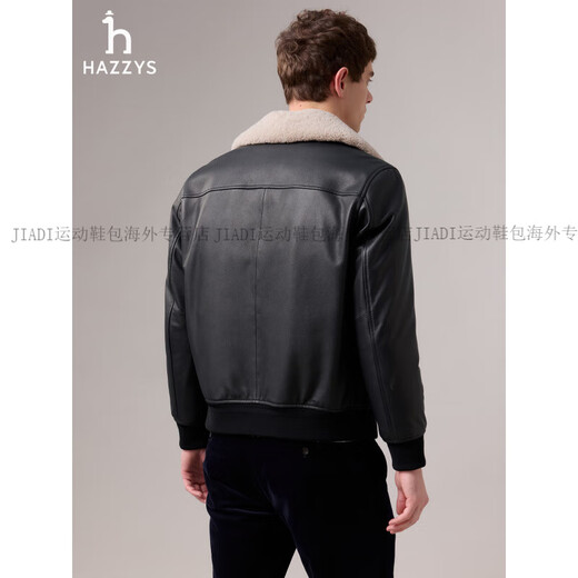 HAZZYS 2025 Autumn New Men's Removable Fur Collar Filled Leather Top Official Authentic Black M 170/92A 46