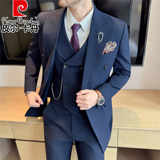 Pierre Cardin 2025 Autumn Striped British Style Double-Breasted Suit Men's Suit Wedding Groom Dress Business Casual Formal Medium Gray L