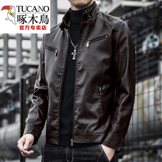 啄木鸟（TUCANO）加绒真好皮皮衣男士立领海宁潮牌帅气休闲秋冬款机车皮夹克外套防 黑色机车皮衣 加绒 2XL 145-160斤