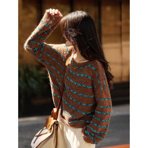 Awakening Paradise Winter Fashion Lazy Style Retro Brushed Temperament Round Neck Striped Sweater Pullover Knitwear Brown One Size