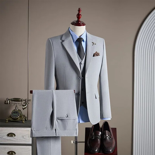 FZPT light luxury trendy brand suit suit for men 2025 autumn and winter new high-end business fashion slim two-piece single-breasted suit medium gray suit + trousers 3XL recommended 150-165Jin Jin equals 0.5 kg